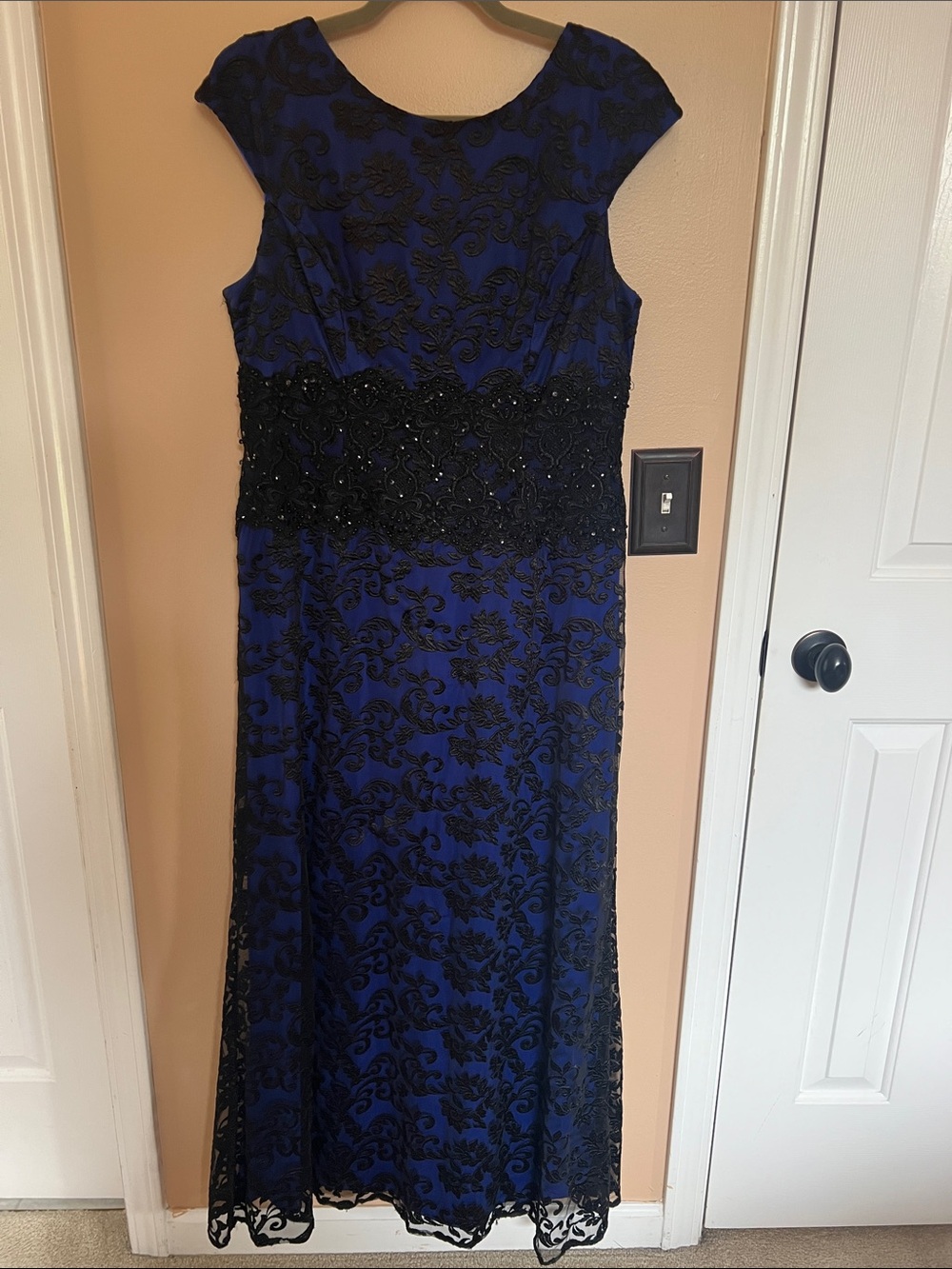 Elegant Black Lace Over Royal Blue Cap-Sleeve Evening Dress